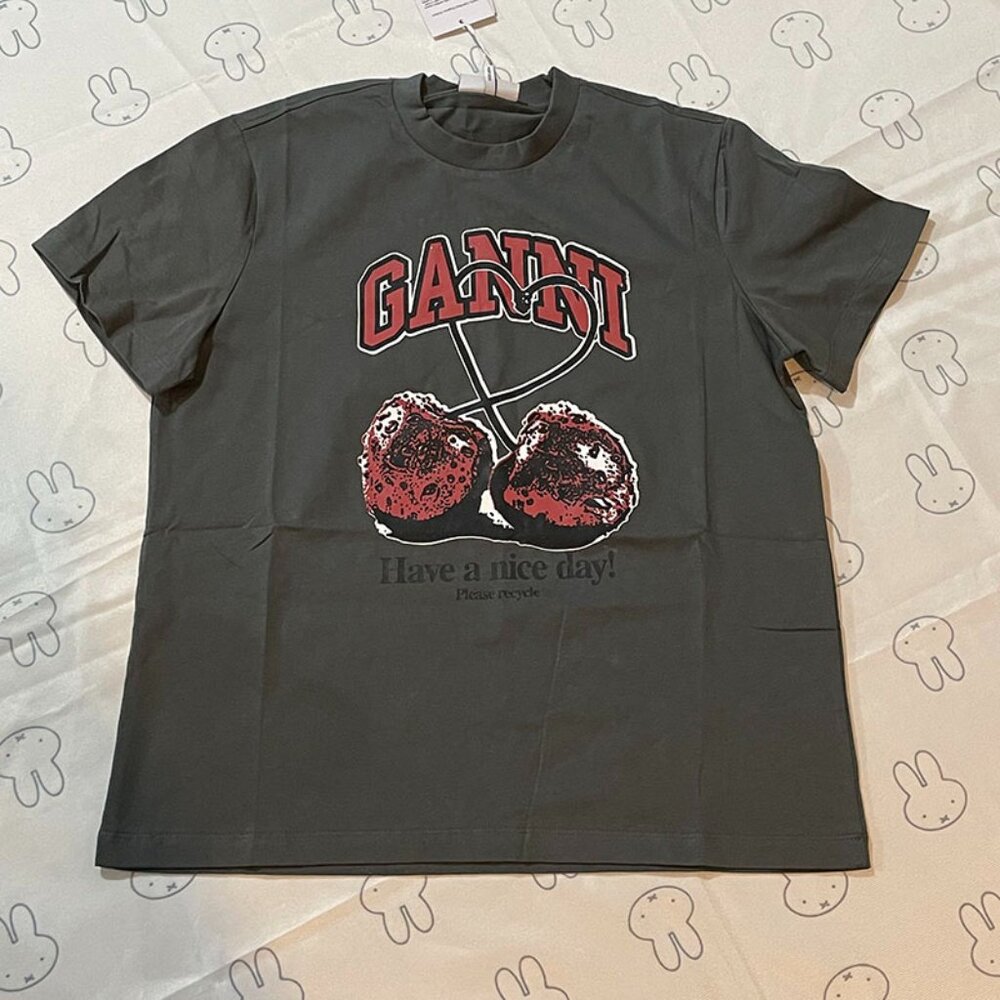 Ganni Gray Short-Sleeve Shirt With Cherry Print